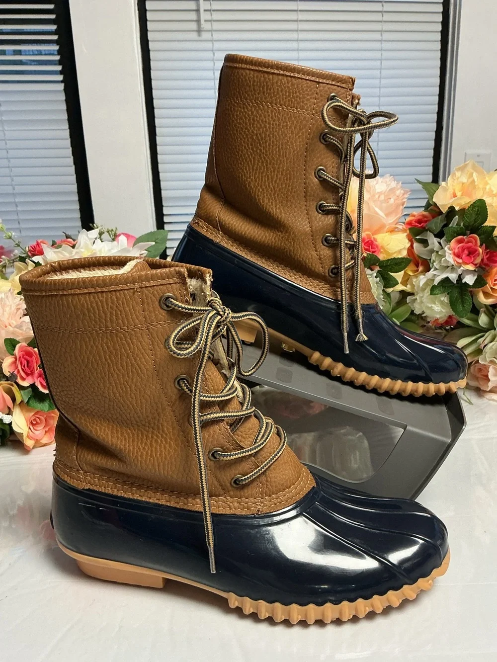Sporto Dakota Duck Boots Women’s 8 Brown Navy Faux Fur Waterproof Rain Snow Lace